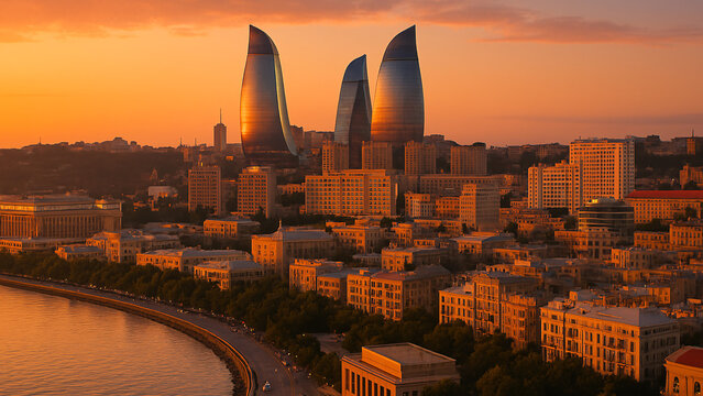 Vue a&eacute;rienne de la ligne d&rsquo;horizon de Bakou avec les Flame Towers et la promenade de la mer Caspienne au coucher du soleil en Azerba&iuml;djan