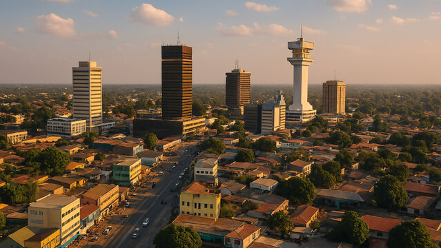 Vue a&eacute;rienne du centre-ville de Lusaka, Zambie avec des immeubles commerciaux et des zones r&eacute;sidentielles au coucher du soleil