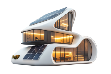 Futuristic house with curved walls and solar panels, on a white background