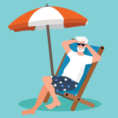Elderly man sunbathing on the blue background.The concept of active old age. Day of the elderly. Flat vector illustration.