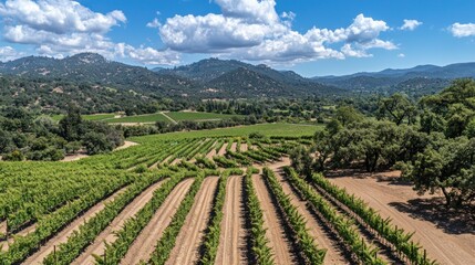 Aerial view of vineyard rows in a valley with mountains in the background under a blue sky with clouds.