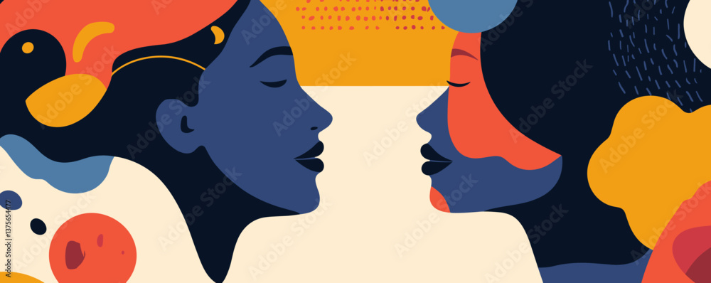 Poster abstract portrait of two diverse faces with colorful geometric shapes - vector.