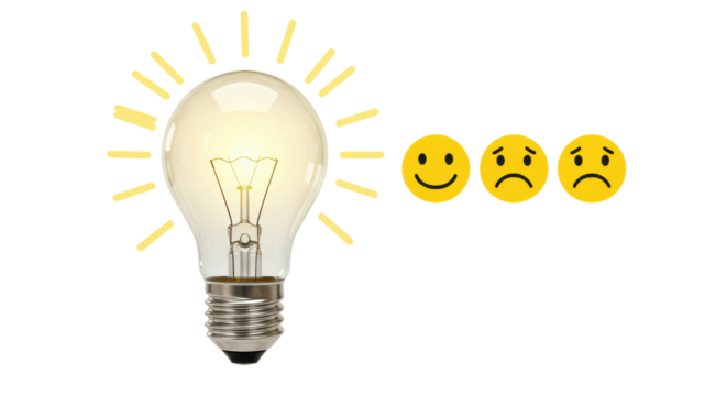 Isolated Light Bulb with Happy Sad Face Icons