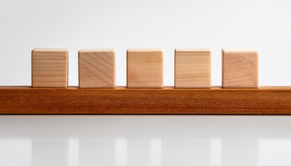 macro photography of five blank scrabble tiles on a wooden rack against a white background
