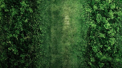 Fototapeta premium Aerial view of a pathway between lush green plants.