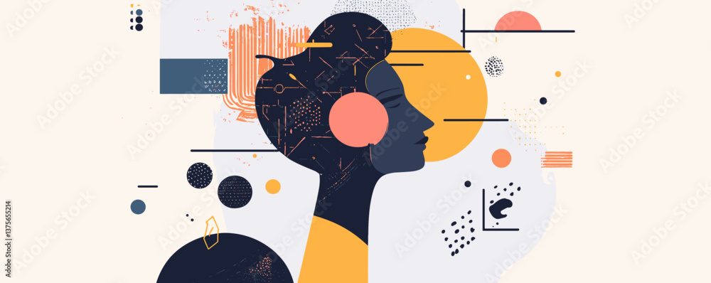 Poster abstract female silhouette with geometric patterns and shapes in modern art style - vector.