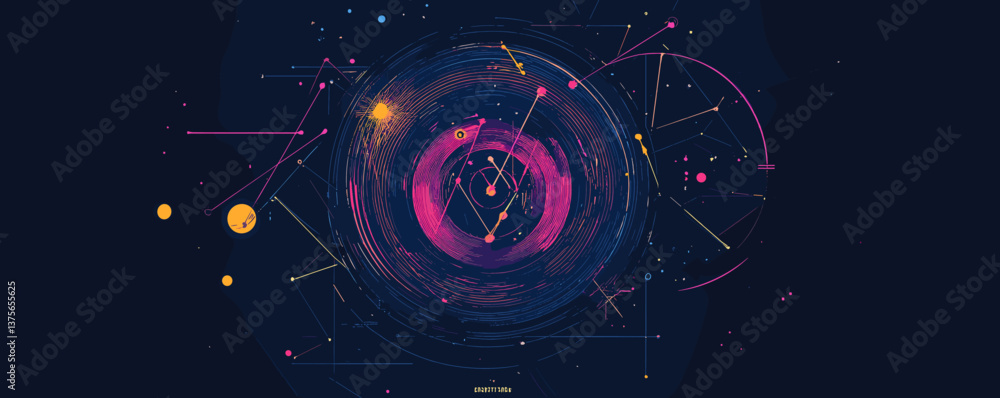Poster abstract cosmic design with geometric shapes and lines on dark background, vector.