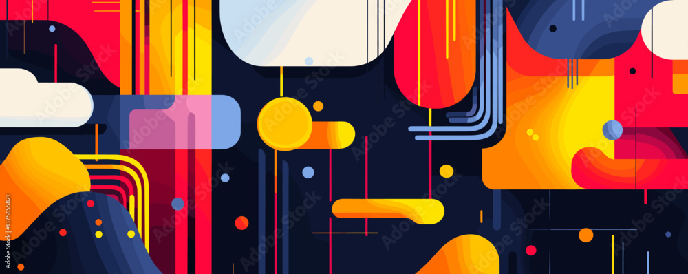 Poster abstract geometric background with colorful shapes and lines on dark backdrop, rectangular and circu