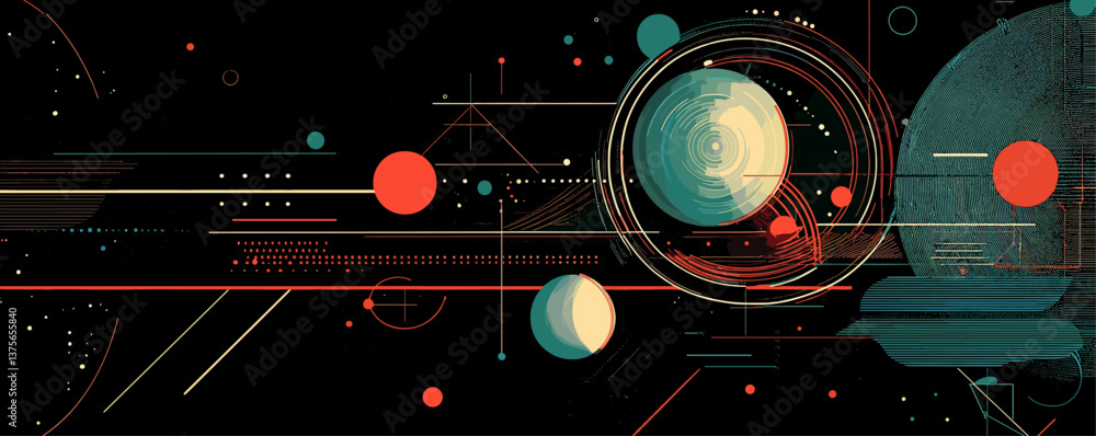 Aufkleber abstract cosmic design with geometric shapes and colorful circles - vector.