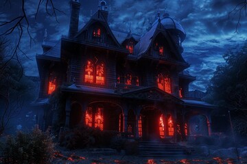 Obraz premium A large, ominous house with glowing red windows stands under a dark, cloudy sky, A haunted house with glowing windows