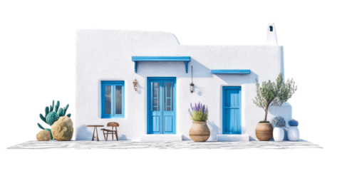 traditional Greek island house with whitewashed walls and blue accents
