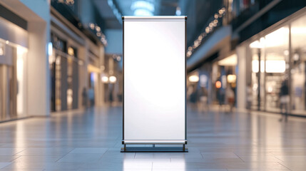 Blank Advertising Display Stand in Modern Shopping Mall Setting