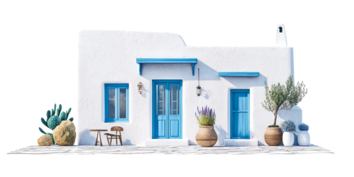 traditional Greek island house with whitewashed walls and blue accents