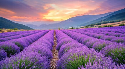Fototapeta premium Vibrant sunset over rows of blooming purple lavender fields in a mountainous landscape.