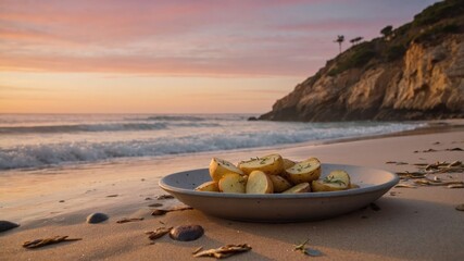 Naklejka premium Potatoes with Herbs on Beach at Sunset Ocean View Scenery