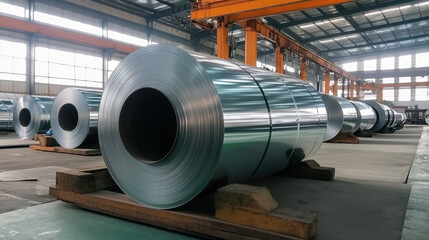Naklejka premium Large Steel Coils Stacked Inside Modern Industrial Warehouse