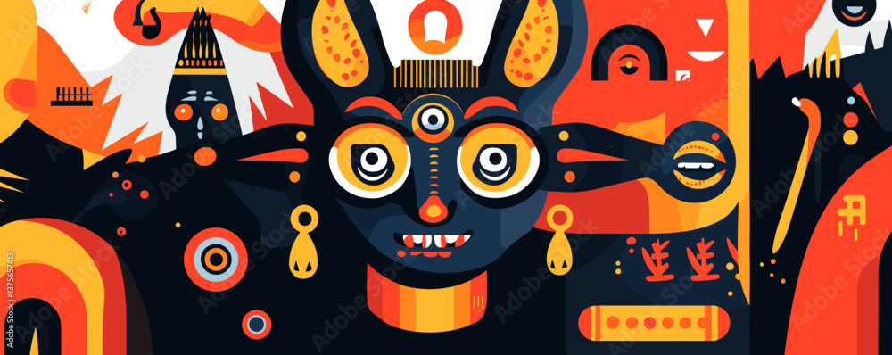 Poster colorful abstract tribal mask with geometric patterns and symbols – vector.