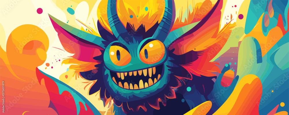Poster colorful fantasy creature with horns and sharp teeth in dynamic abstract background vector.