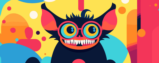 Colorful creature with big ears and glasses on vibrant background - vector.