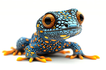 A stylized blue frog with orange spots stands against a white backdrop showcasing its vibrant coloration and large detailed eyes.