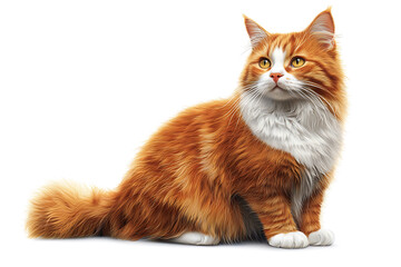 Obraz premium Fluffy ginger and white cat with bright yellow eyes sitting and looking upwards on a white background.