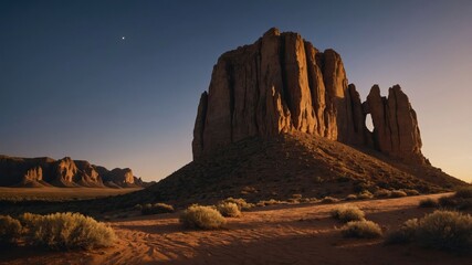 Monument Valley Rock Formation Landscape at Dusk with Clear Blue Sky