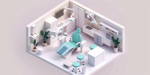 Medical isometric concept, 3D rendering of a dental clinic setup 