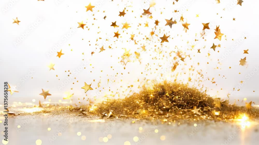 Poster Golden star particles cascading to form shimmering pile in elegant slow motion