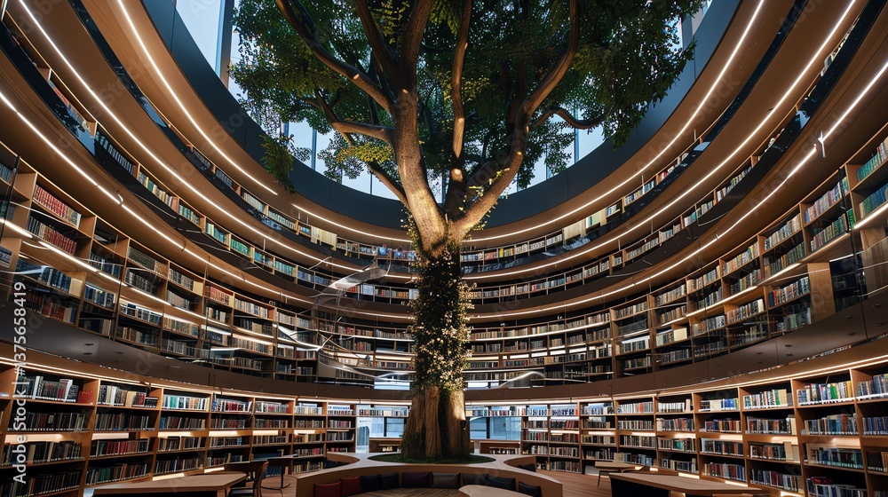 Poster the image is a modern library interior with a large tree in the center.