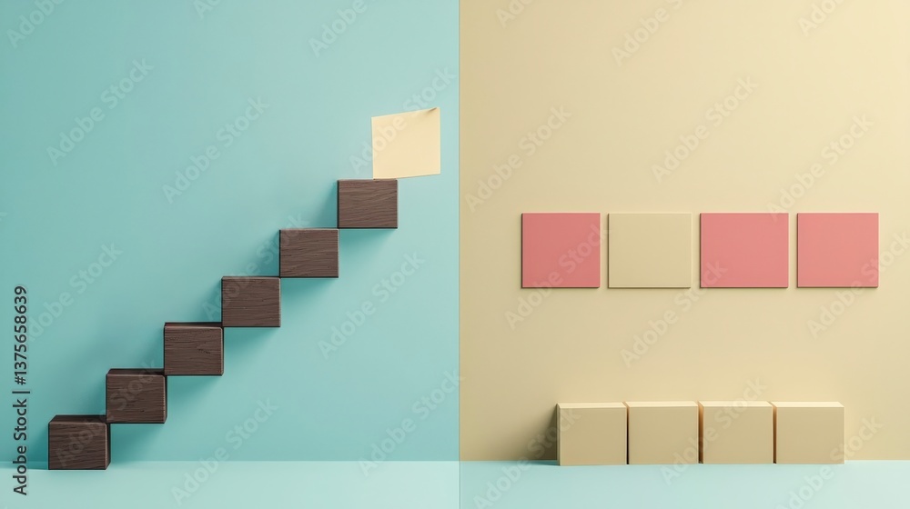Poster professional change promotion concept. abstract geometric shapes creating a staircase and wall displ