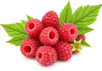 Cluster of Fresh Raspberries with Green Leaves isolated on white background.