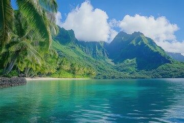 Fototapeta premium Tropical foliage and serene waters in Tahiti showcase stunning natural beauty under clear skies, Tropical foliage in Tahiti, steady cam