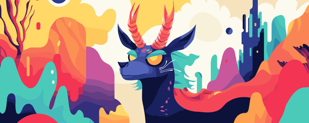 Colorful fantasy landscape with mythical creature in vibrant abstract style - vector.