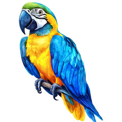 Obraz premium Vibrant watercolor illustration of a blue-and-yellow macaw perched on a branch showcasing its colorful plumage and distinctive features.