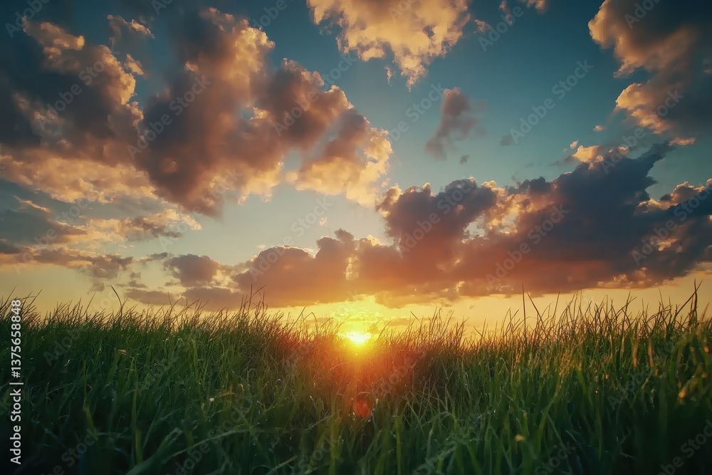 Poster dark clouds flow over green grass at sunset creating a dramatic landscape, time-lapse of dark clouds