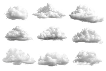 A Collection of Fluffy White Clouds on Transparent Background for Natural Skyscapes and Weather Elements in Illustrations and Designs