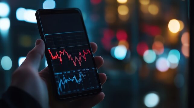Hand holding smartphone showing declining stock market chart
