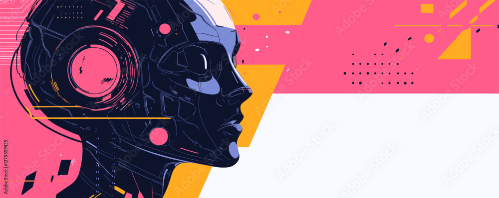 Poster futuristic cyberpunk robot portrait with bold colors and abstract design elements - vector.