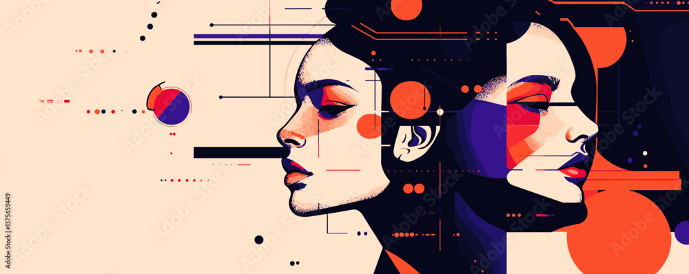 Poster abstract dual face overlapping with geometric shapes and lines, digital art vector.