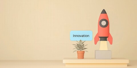 Professional Change promotion concept. Creative workspace with a rocket and plant symbolizing innovation.