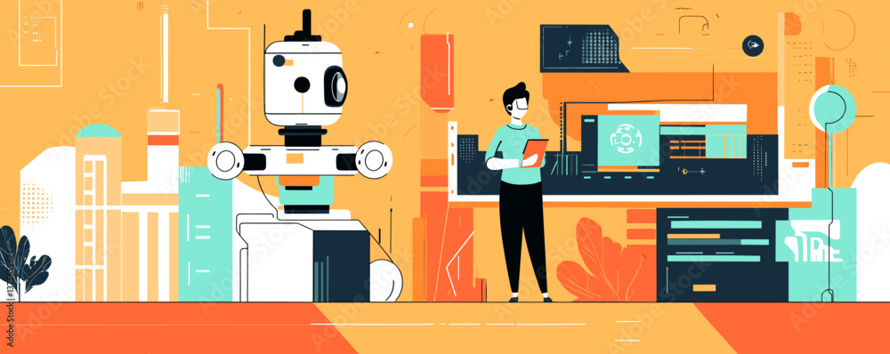 Poster futuristic cityscape with robot and engineer analyzing data, vibrant colors, vector.