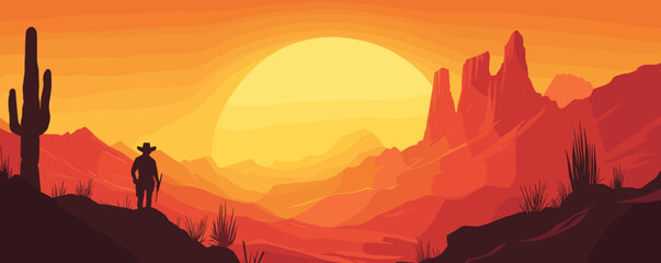 Fototapeta premium Lone cowboy at desert sunset with cactus and mountains silhouette - vector.