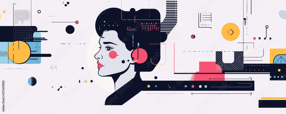 Aufkleber abstract geometric portrait with tech elements and colorful accents vector.