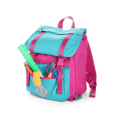 Stylish school backpack with different stationery supplies on white background