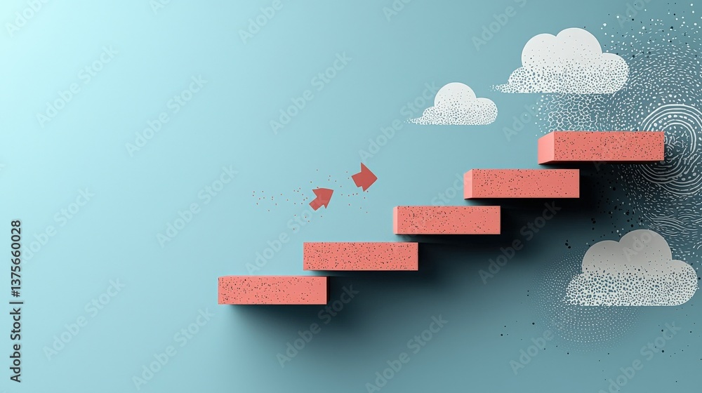 Aufkleber professional change promotion concept. steps leading to clouds with abstract elements and arrows.