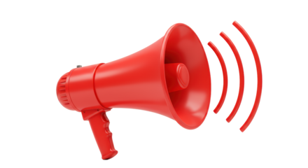 Isolated Red Loudspeaker with Sound Waves Radiating Out