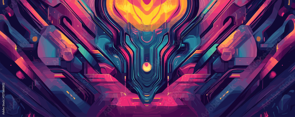 Poster futuristic abstract geometric design with vibrant colors and symmetrical patterns – vector.