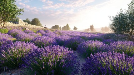 Obraz premium Serene sunrise over a sprawling lavender field.