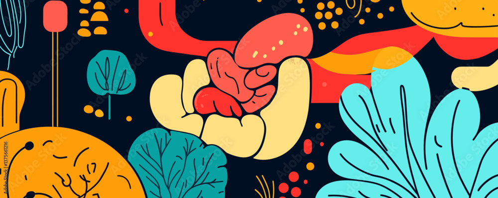 Poster abstract organic shapes and lines with bold colors in a dark background - vector.