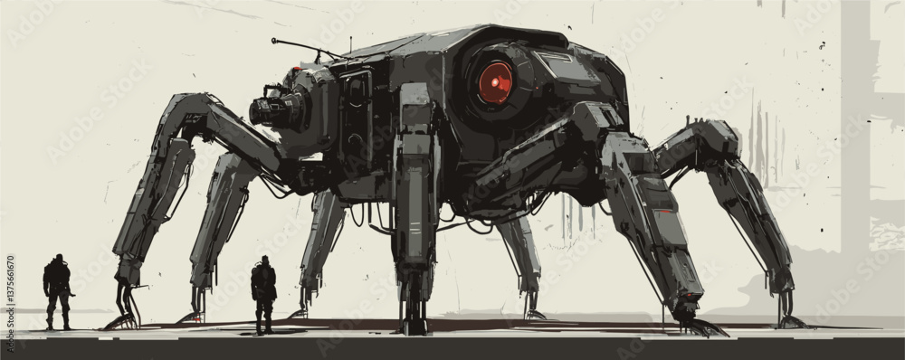 Poster futuristic giant hexapod robot with human figures for scale - vector.